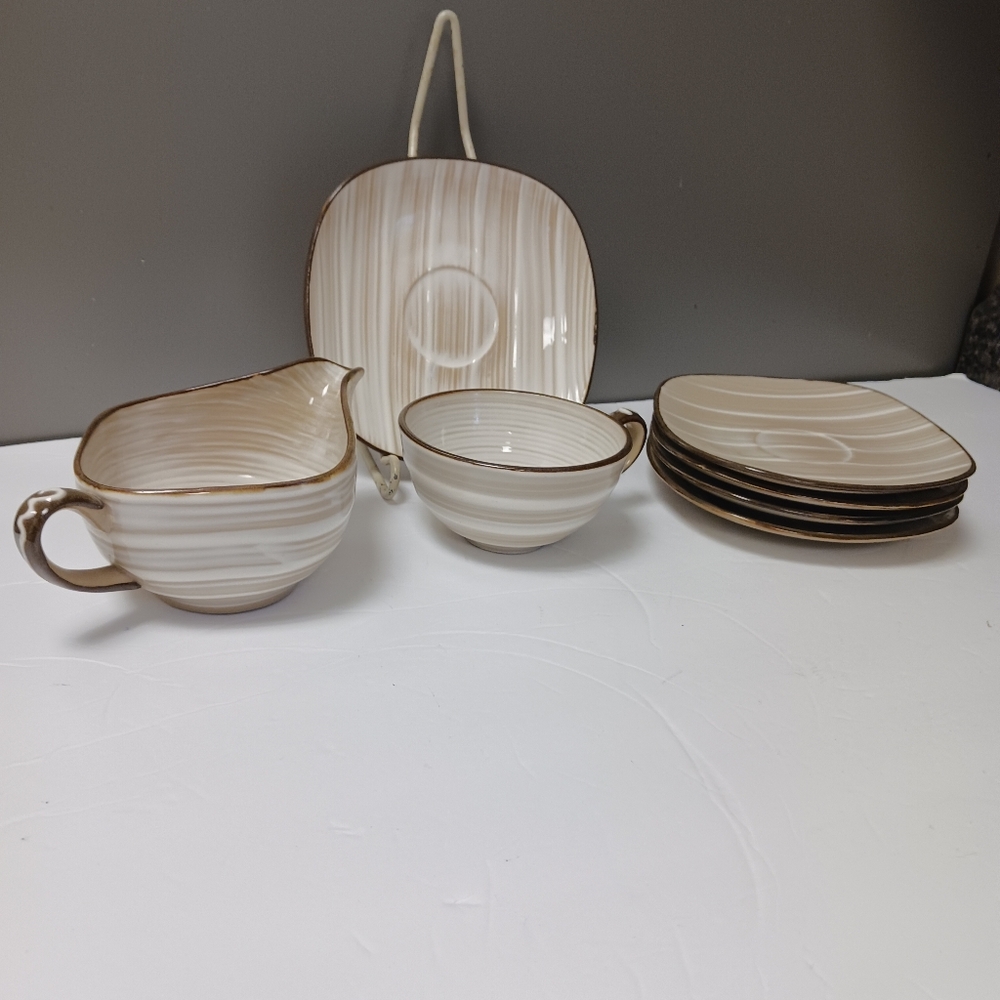 Vintage 7pc Lot Of Stoneware Kasuga Showa,Japan. Includes Creamer,cup,5 Saucers.